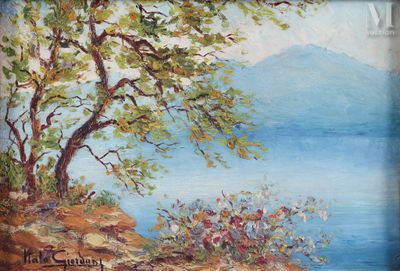 une peinture à l'huile représentant un arbre au bord de l'eau, avec une montagne en arrière-plan