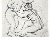 an image of a drawing of two women fighting over a dog