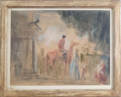 a painting of a man riding a horse with a bird on top of it