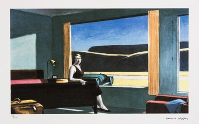a painting of a woman sitting at a desk looking out a window