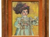an oil painting of a little girl in a dress and hat holding a cup