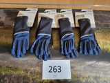 four pairs of blue gloves are on display in a display case