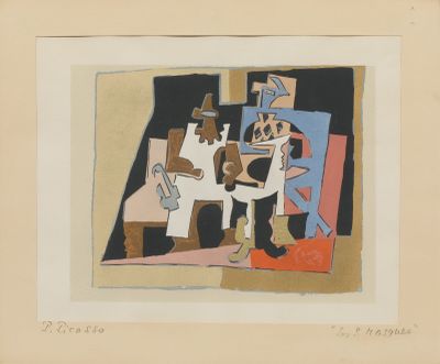 une image représentant un tableau où l'on voit un homme et une vache dans une pièce