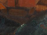 an oil painting of a boat in a harbor with a person on it