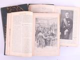 three old books with pictures of men and women sitting on a table