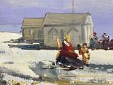 an oil painting of a group of people on a beach with a boat in the water