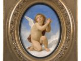 an image of a painting of an angel kneeling on a cloud
