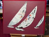 une peinture représentant trois voiliers sur fond rouge