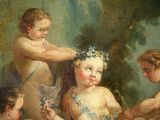 an image of a painting of a group of children with flowers in their hair