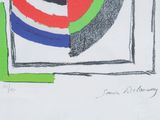 drawing of an abstract painting with a red, green, blue, and black circle