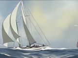 painting of two sailboats in the ocean with birds flying overhead