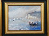 a painting of a boat on the water with a mountain in the background