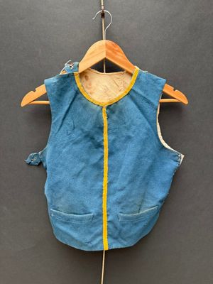 une photo d'un gilet bleu et jaune suspendu à un cintre