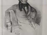 an old drawing of a man in a suit and tie sitting in a chair