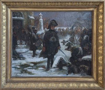tableau représentant un homme en uniforme militaire debout dans la neige