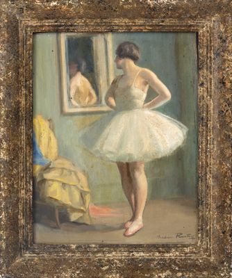 an oil painting of a woman in a tutu standing in front of a mirror
