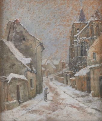 une image représentant un tableau où l'on voit une personne marchant dans une rue recouverte de neige