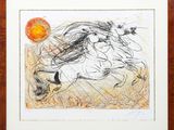 une image représentant un dessin d'un cheval au galop, avec une balle en arrière-plan