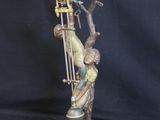 bronze figurine of a man holding a globe on a stand
