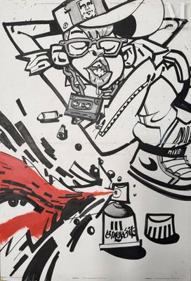 tableau représentant un homme coiffé d'un haut-de-forme et tenant une bombe de peinture