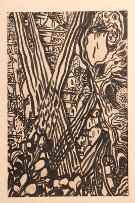 a black and white drawing of a tree in a forest