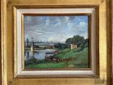 une peinture à l'huile représentant un pont enjambant une rivière, avec des bateaux au premier plan