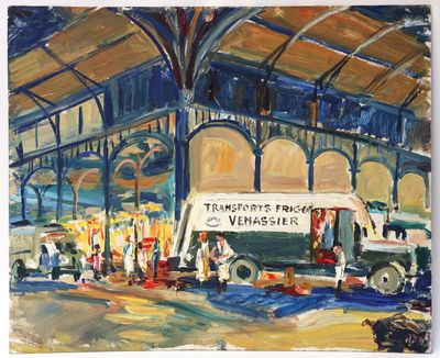 une peinture à l'huile représentant une gare avec des personnes et des camions