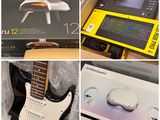 quatre photos différentes d'une guitare et d'un clavier dans une boîte