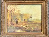 an oil painting of two men and a dog in a field
