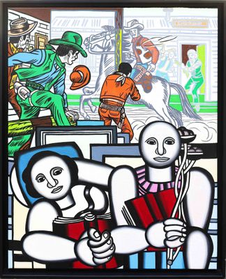 painting of a man and a woman sitting on a bench in front of a window