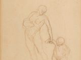 un vieux dessin représentant une femme tenant la main d'un enfant