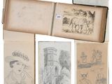 plusieurs vieux livres sur lesquels figurent des dessins représentant des personnes et des animaux