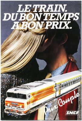 a poster advertising a train that is going down the tracks