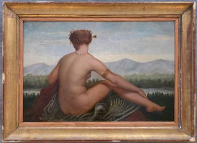 une peinture à l'huile représentant une femme nue assise sur une couverture
