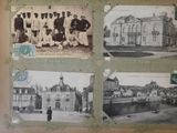 several old black and white photos of a group of people in front of a building