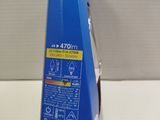 the back of a blue box that is open on a white surface