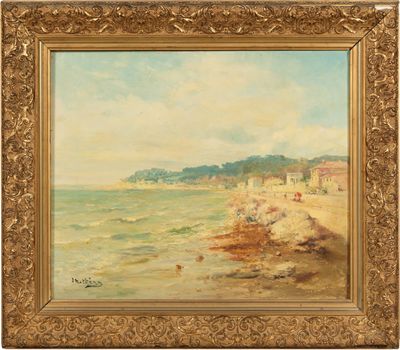 un tableau représentant une scène de plage avec des personnes sur le rivage