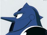 une image représentant un personnage de dessin animé bleu et blanc portant un casque