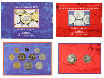 four different types of coins are displayed on a red and blue background