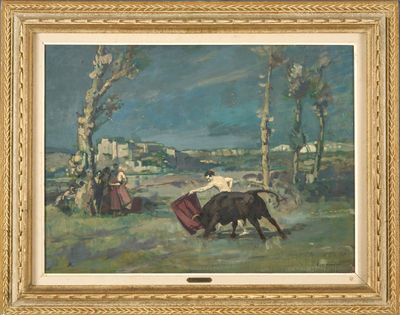une image représentant un tableau où l'on voit un taureau et une femme dans un champ