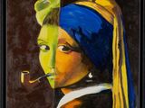 a painting of a girl with a pearl ear smoking a pipe