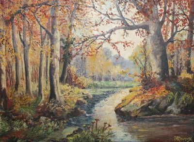 une peinture à l'huile représentant un ruisseau qui traverse une forêt regorgeant d'arbres