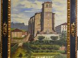 an oil painting of a church on a hill with a blue sky in the background
