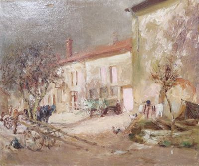 painting of a horse drawn carriage in front of a building