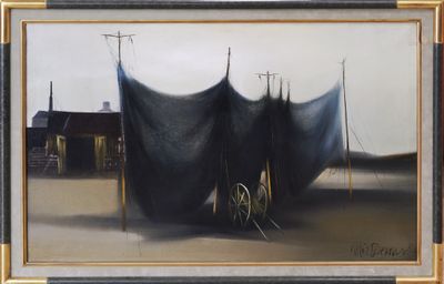 an image of a painting of a boat on a beach in the sand