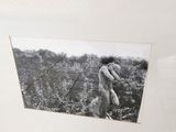 a black and white photo of a woman in a field