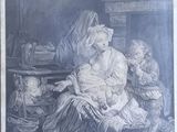 an old drawing of a woman sitting on a chair with children