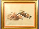 un tableau représentant deux chevaux, posés côte à côte sur un chevalet