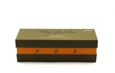 an orange and black gift box with a deer design on it