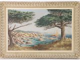 an oil painting of a sailboat on the water near a tree